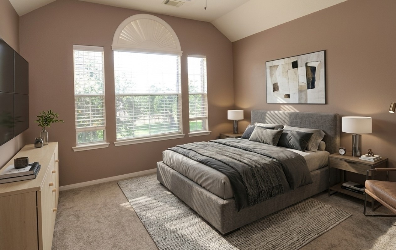 19802 Shavon Springs Drive Spring, TX 77388 - Photo 22 of 30 Serene, sunlit bedroom with vaulted ceilings, plush carpeting, and modern decor, offering a cozy retreat. Virtually staged