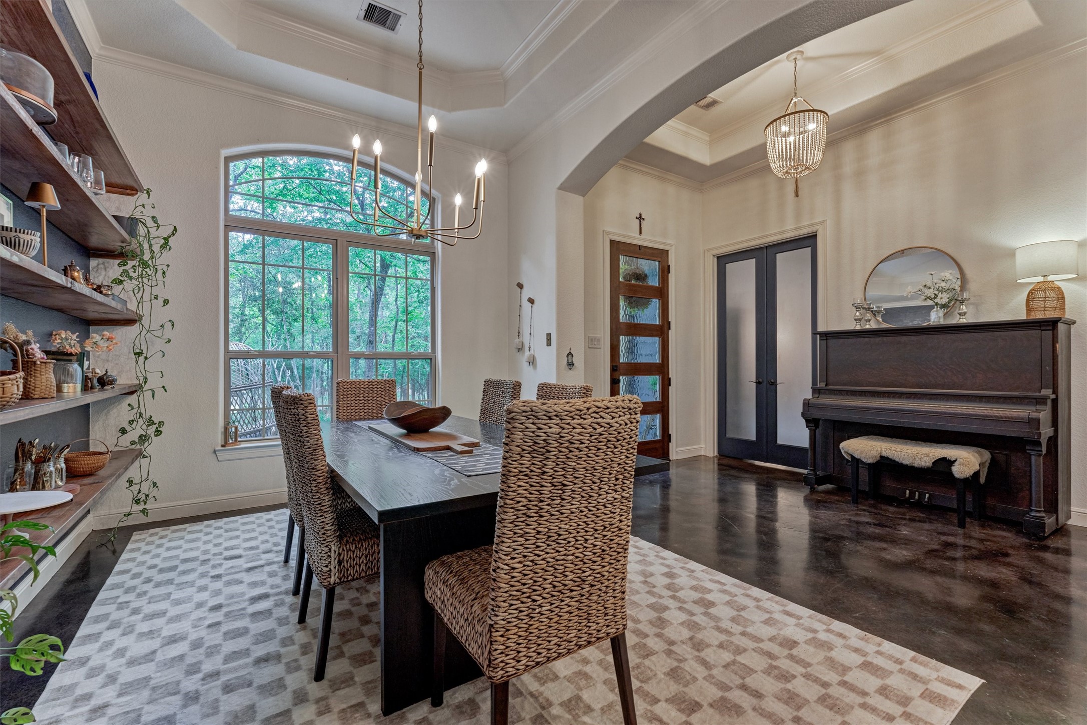 16727 Boothill Road Stagecoach, TX 77355 - Photo 6 of 44 Gorgeous chandelier and trayed ceiling offers depth to this dining space.