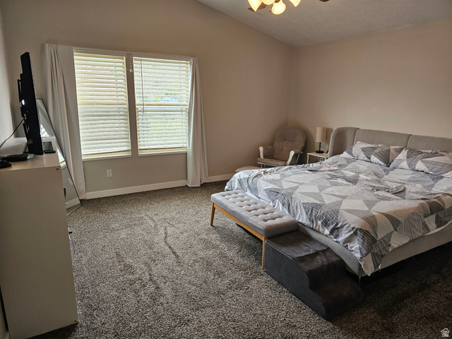 7481 Red Pine Road Eagle Mountain, UT 84005 - Photo 21 of 38 Spacious master bedroom featuring vaulted ceilings, light neutral wall tones, and plush grey carpeting