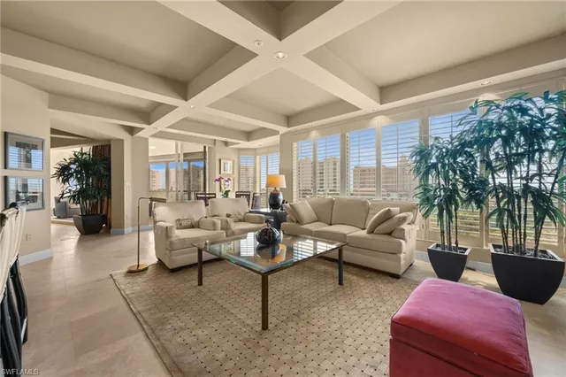 a living room with furniture potted plant and a large window