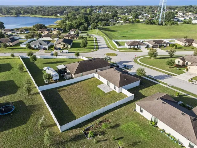 an aerial view of a pool