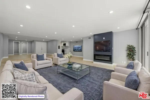 a living room with furniture and a table