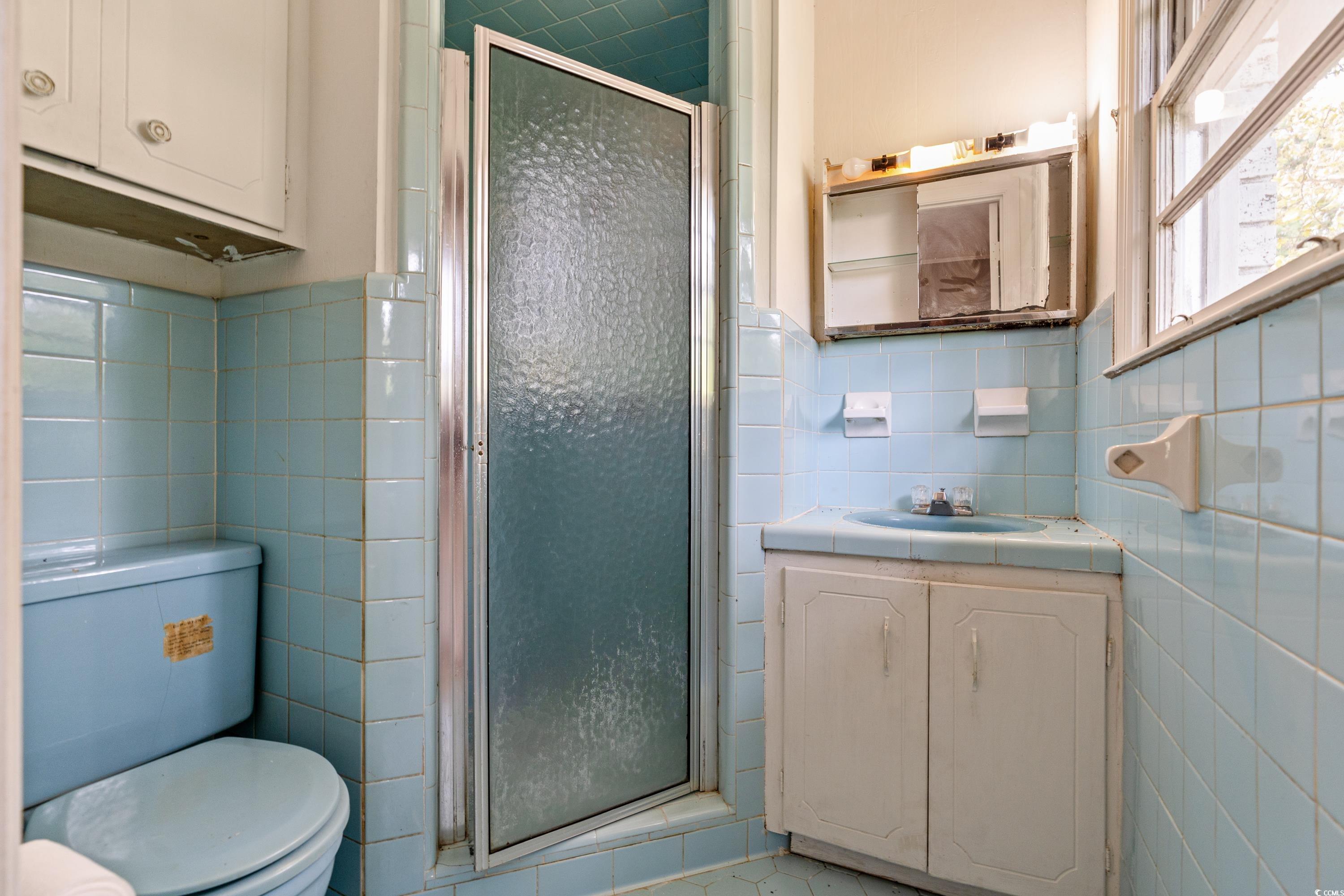 476 Live Oak Church Road Loris, SC 29569 - Photo 11 of 39 Bathroom with vanity, toilet, tile walls, and walk
