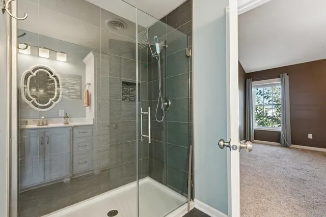 a bathroom with a sink a mirror and a shower