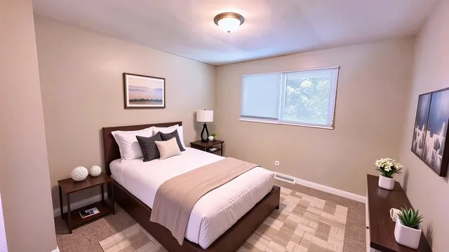 a bedroom with bed and a night stand