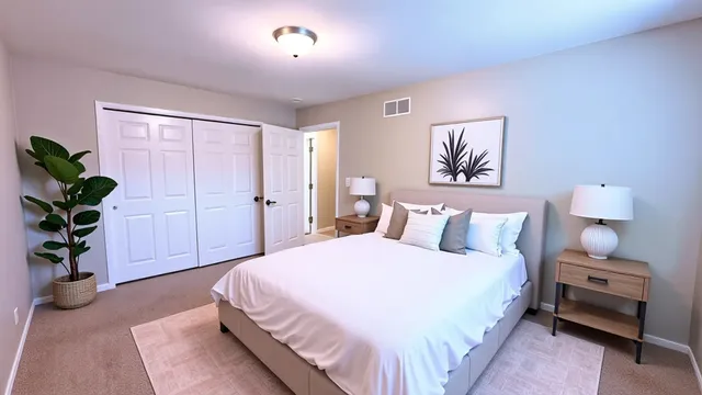 a bedroom with a bed and a potted plant