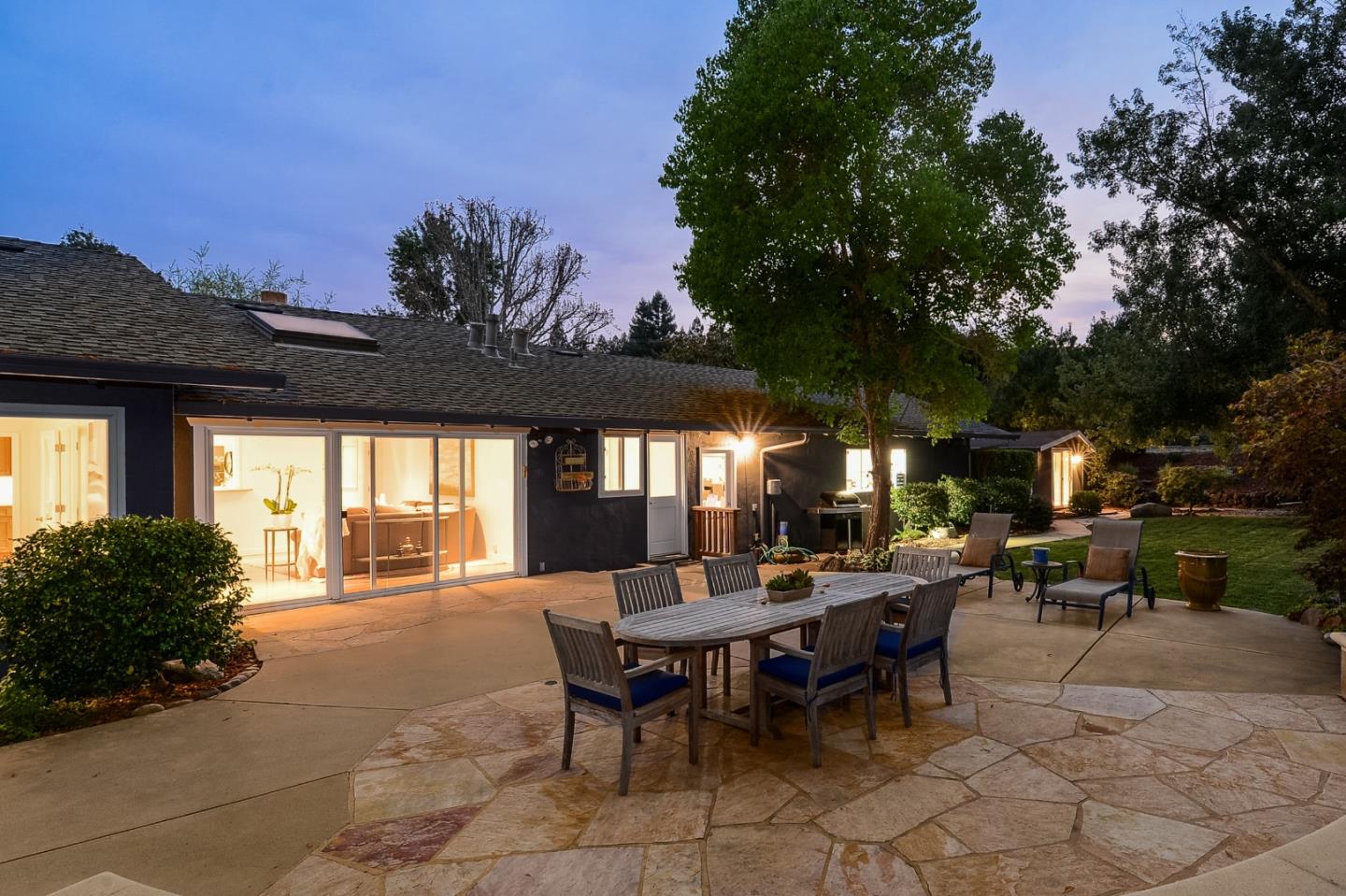 460 Cervantes Road Portola Valley, CA 94028 - Photo 32 of 45 a view of a patio with table and chairs and floor to ceiling window