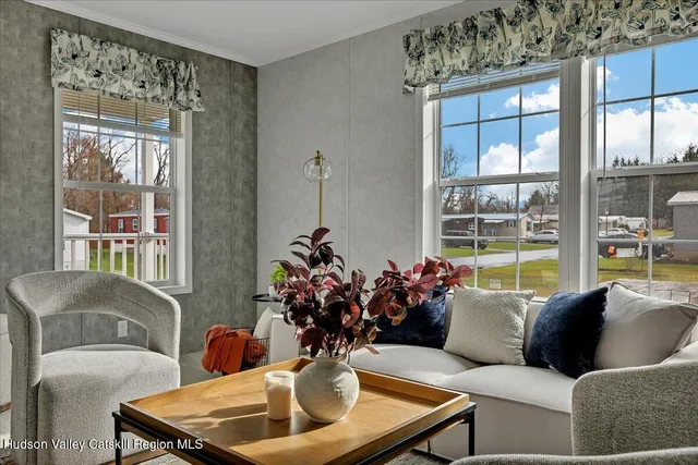 a living room with furniture and a potted plant
