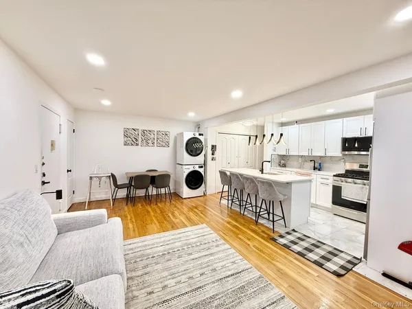 a living room with furniture and a table