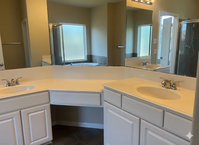 a bathroom with a sink and a mirror
