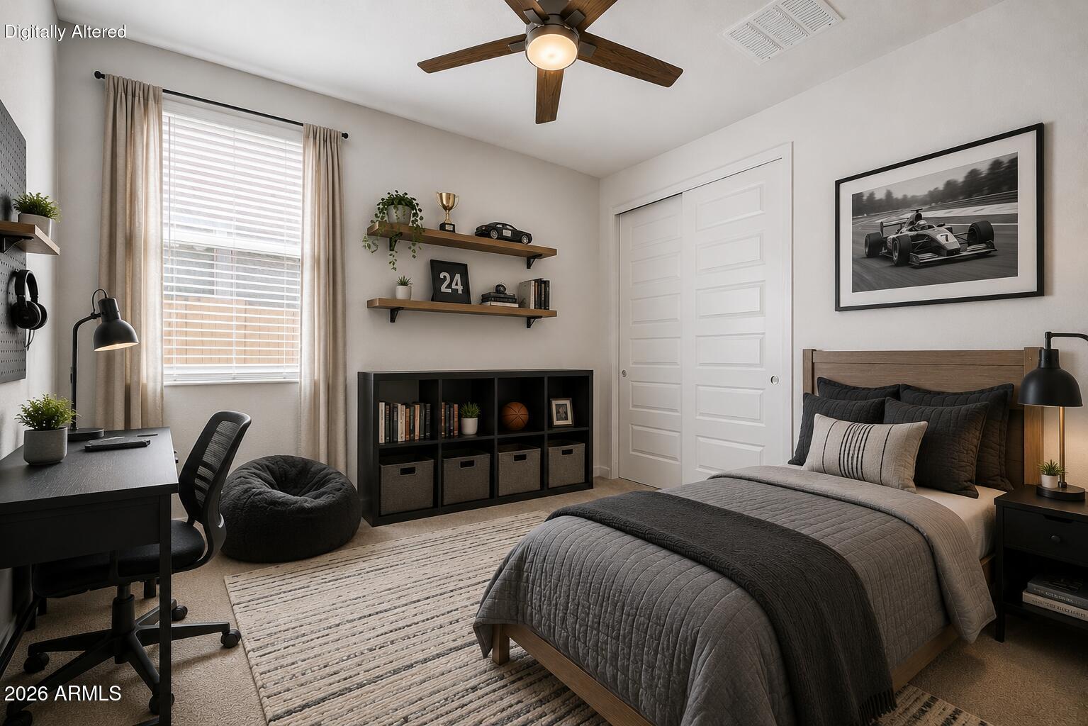 23080 East Stacey Road Queen Creek, AZ 85142 - Photo 23 of 42 a bedroom with a bed and a chandelier