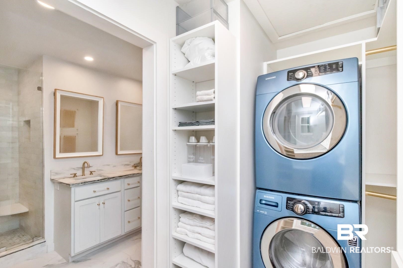 18 Princess Anne Road Mobile, AL 36608 - Photo 30 of 41 Laundry room with light marble finish flooring, stacked washer and clothes dryer, and recessed lighting