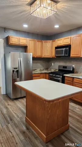 a kitchen with stainless steel appliances granite countertop a refrigerator a sink a stove and a wooden floors