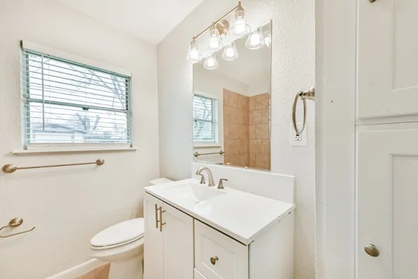 a bathroom with a sink a toilet and a mirror