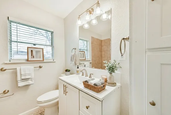 a bathroom with a sink toilet vanity and shower