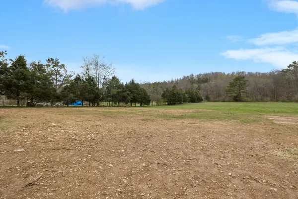 a view of a green field with trees in the background
