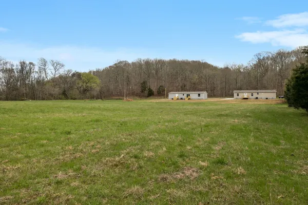 a view of a field with trees in the background