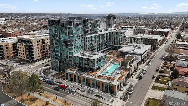 a city view with tall buildings