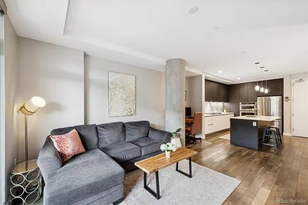 a living room with furniture kitchen view and a potted plant