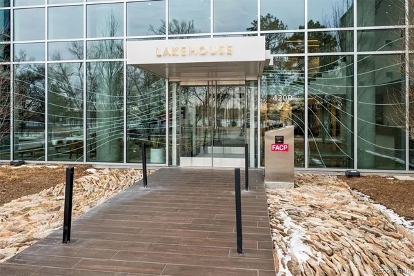 a outdoor view of a building with glass door