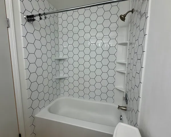 a bathroom with a bathtub and shower