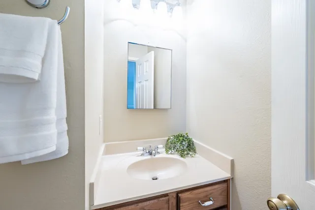 a bathroom with a sink and a mirror