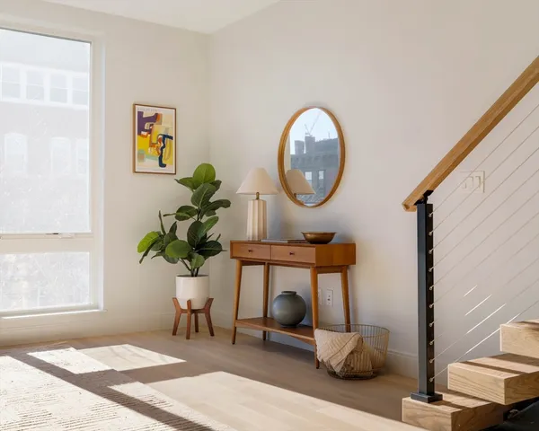a living room with furniture a window and a potted plant
