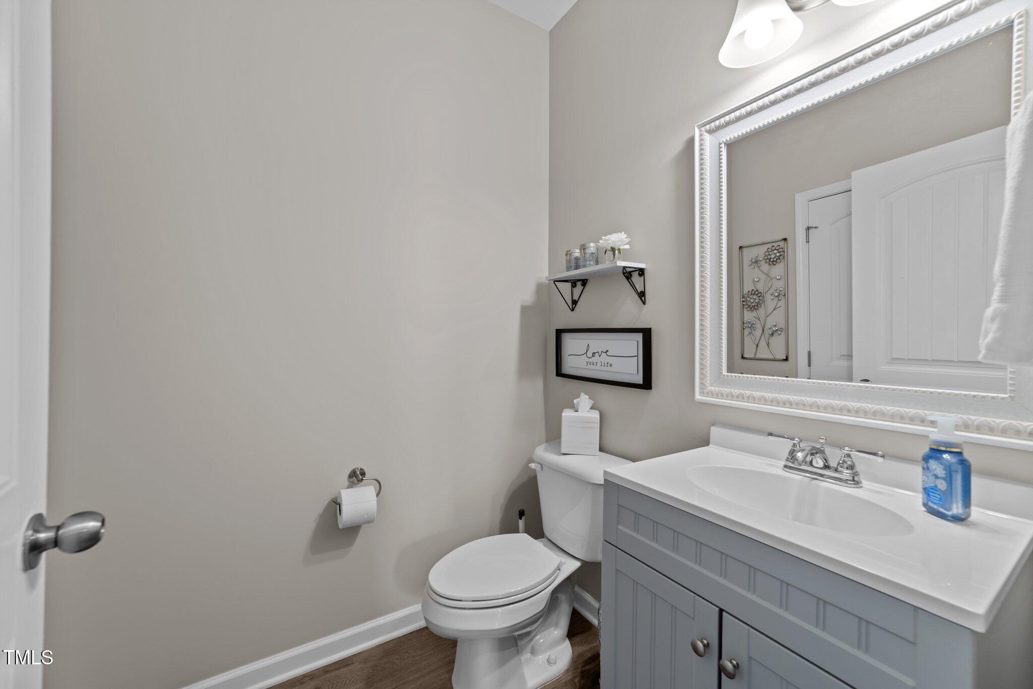 3613 Cross Timber Lane Raleigh, NC 27603 - Photo 8 of 33 a bathroom with a toilet sink and mirror