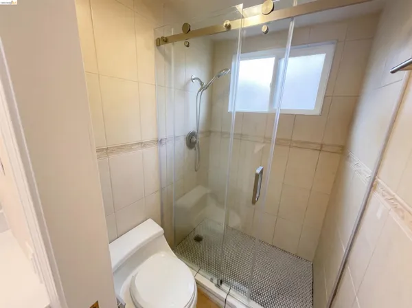 a bathroom with a shower and toilet