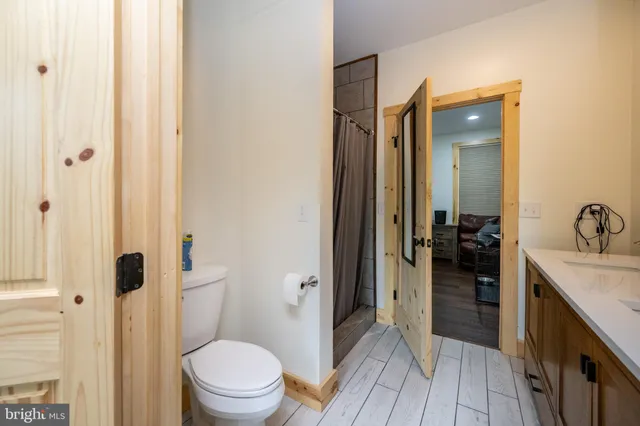 a bathroom with a sink a toilet a mirror and shower