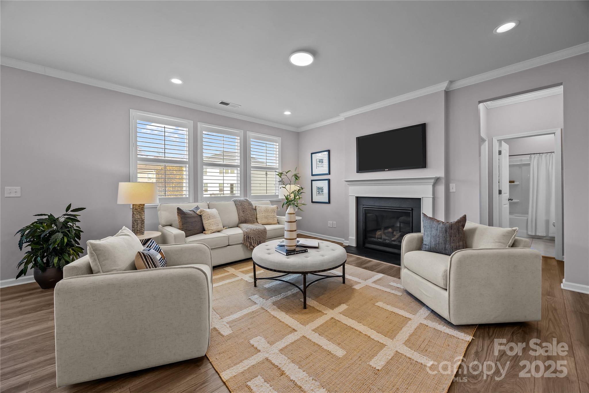 16124 Fieldstone Trace Charlotte, NC 28278 - Photo 14 of 45 a living room with furniture a flat screen tv and a fireplace