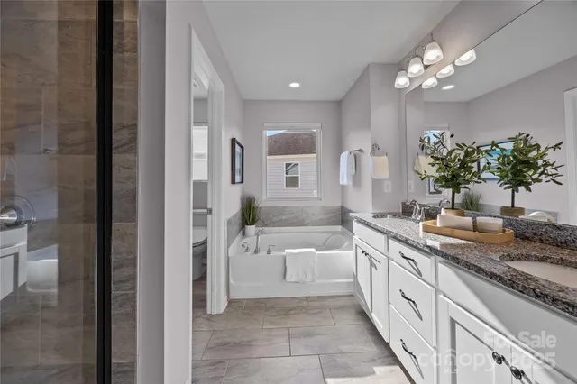 a bathroom with a granite countertop sink a toilet and a mirror
