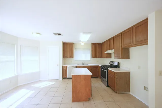 a kitchen with a sink a counter top space and cabinets
