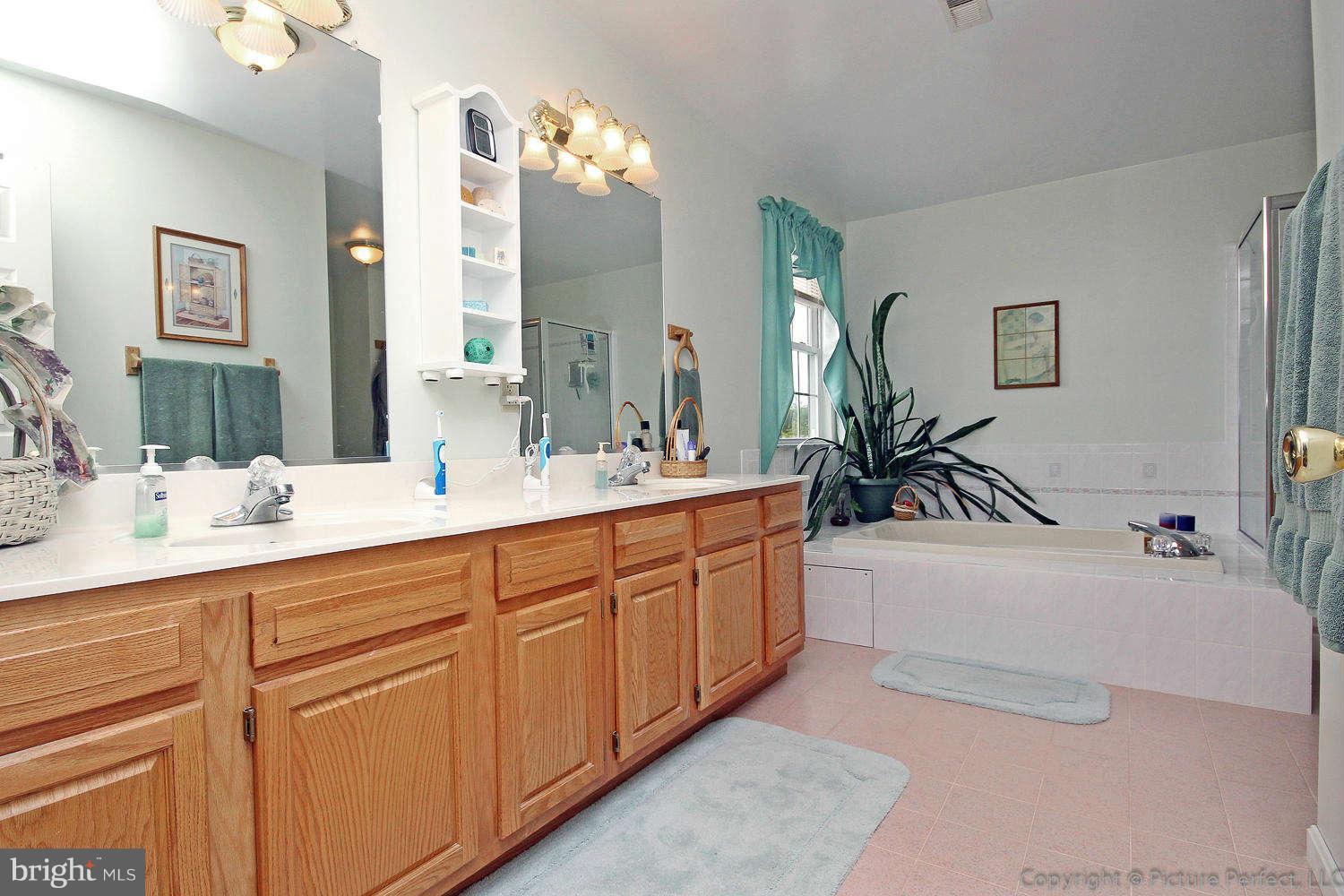 13132 Jesse Smith Road Mount Airy, MD 21771 - Photo 22 of 30 a spacious bathroom with a double vanity sink a mirror and a bathtub