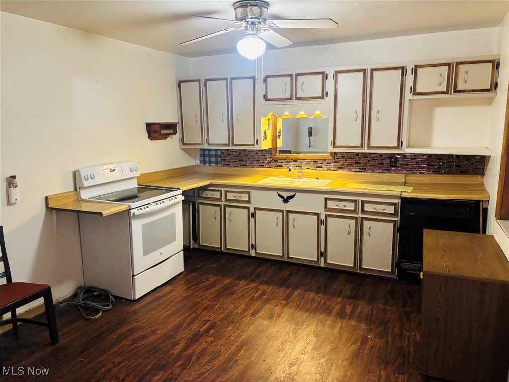 685 Furnace Road Conneaut, OH 44030 - Photo 10 of 22 Kitchen featuring electric range, dark wood-style flooring, a sink, decorative backsplash, and dishwasher