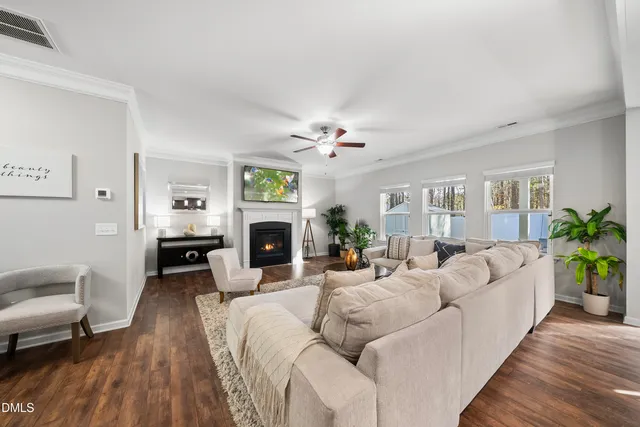 a living room with furniture a fireplace and a potted plant