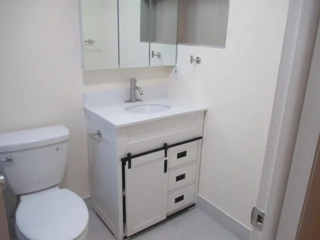 a bathroom with a sink toilet and mirror