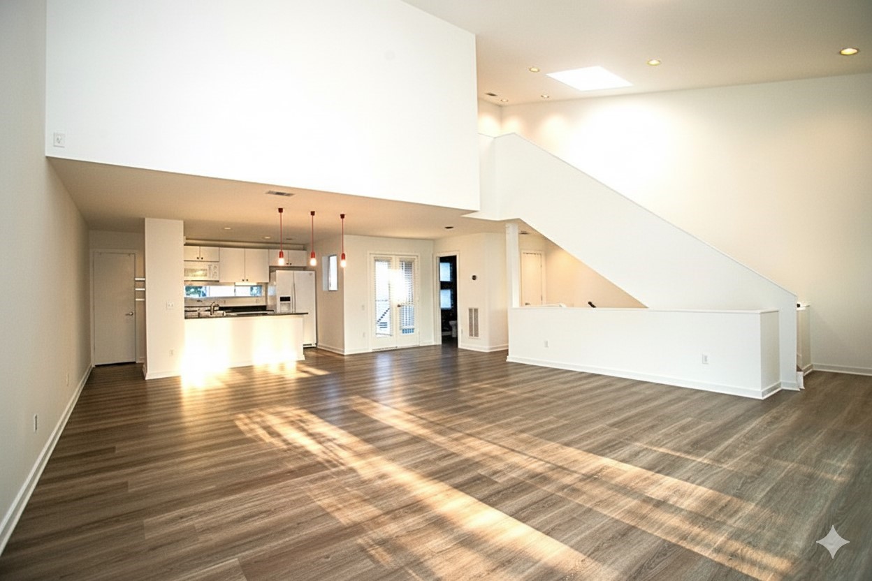 a view of a living room with kitchen