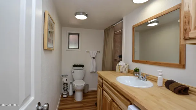 a bathroom with a granite countertop sink toilet and mirror