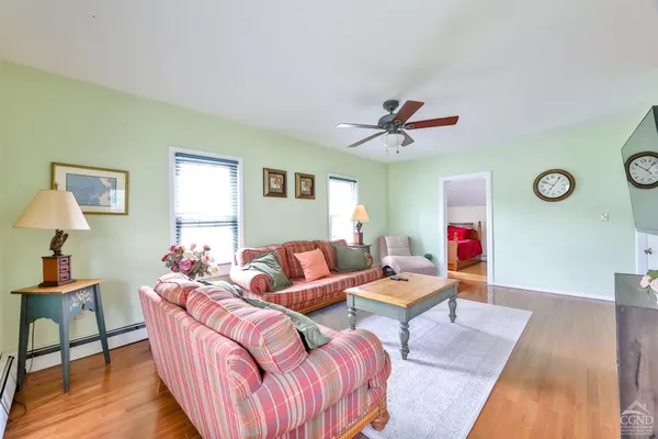 a living room with furniture a rug and a window