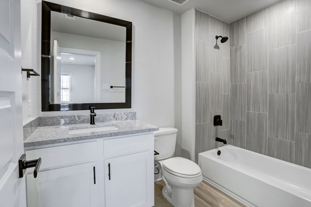 17309 Howdy Way Manor, TX 78653 - Photo 9 of 12 a bathroom with a granite countertop sink toilet mirror and bathtub