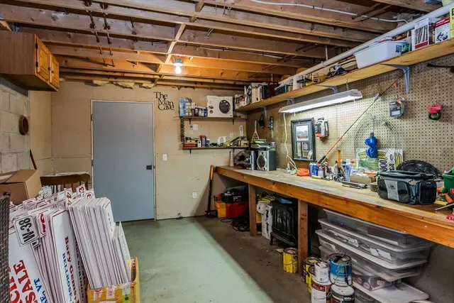a storage room with cabinets