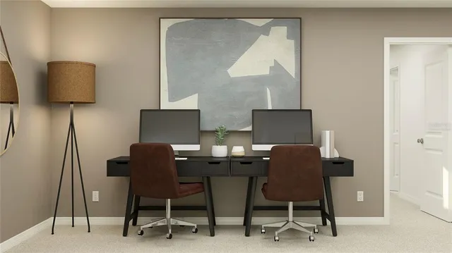 a living room with furniture a mirror and a table