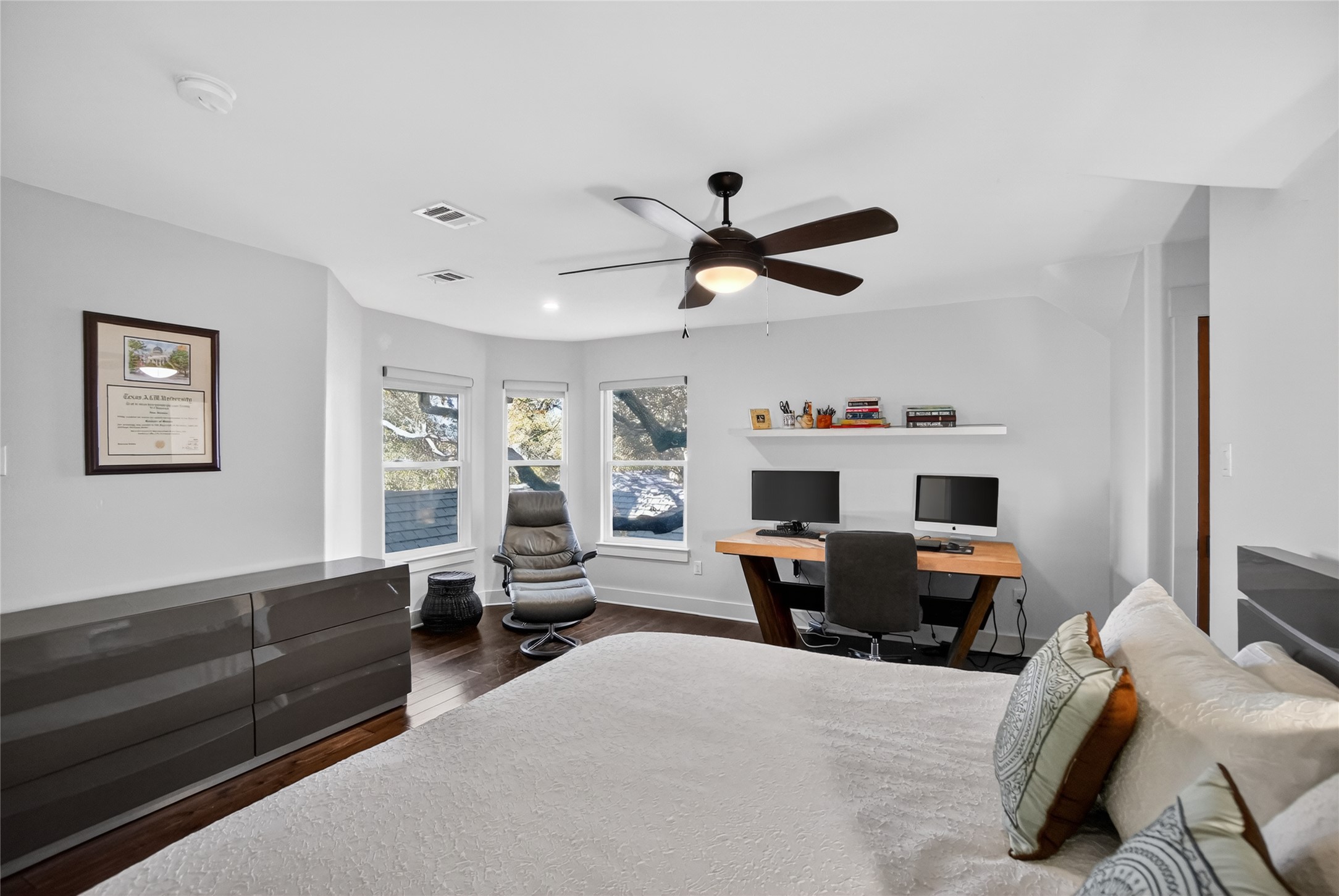 3627 Stoneridge Road Austin, TX 78746 - Photo 16 of 40 Bedroom featuring an office area, dark wood-style floors, ceiling fan, and recessed lighting