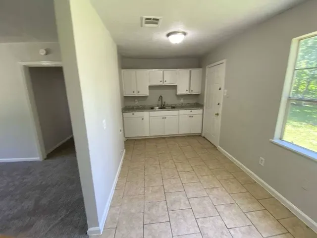a kitchen with a sink a window and cabinets