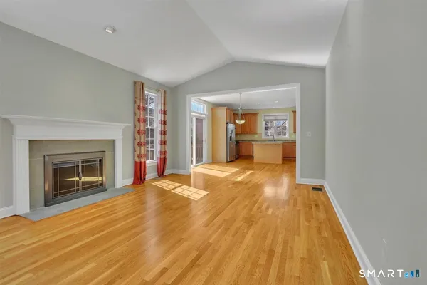 a view of a livingroom with a fireplace