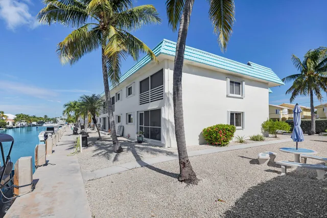 a view of a backyard with a patio and a palm tree