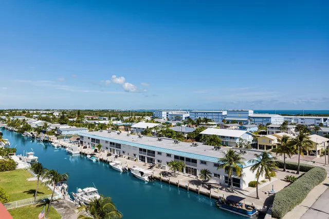 an aerial view of city and lake