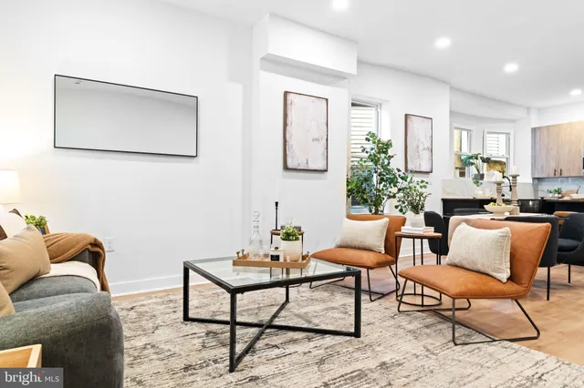 a living room with furniture and a potted plant