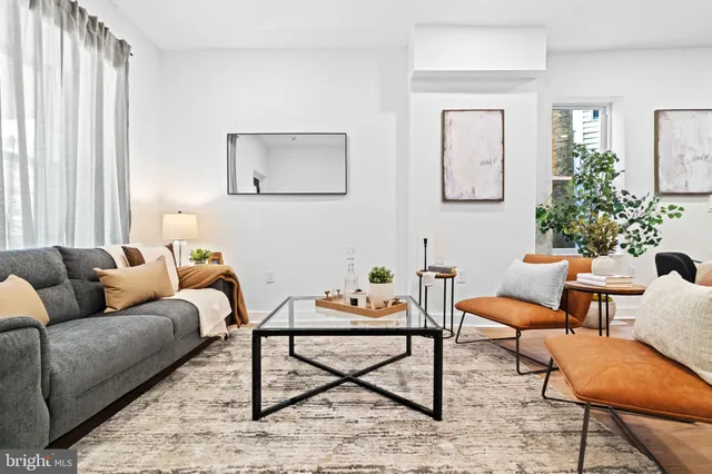 a living room with furniture and a potted plant